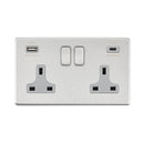 Saxby SL425BSG Screwless 13A 2G DP Switched Socket with 15.5W USB A+C - Brushed Steel With Grey Insert