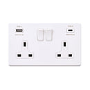 Saxby SL425WHW Screwless 13A 2G DP Switched Socket with 15.5W USB A+C - Matt White With White Insert
