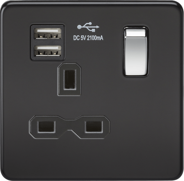 Knightsbridge MLA SFR9901MB Screwless 13A 1G switched socket with dual USB charger (2.1A) - matt black with chrome rocker - Knightsbridge MLA - Falcon Electrical UK