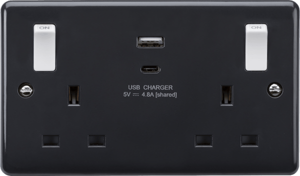 Knightsbridge MLA PM9002 13A 2G Switched socket with white outboard rockers and dual USB (A+C) 4.8A [Part M compliant] - Knightsbridge MLA - Falcon Electrical UK