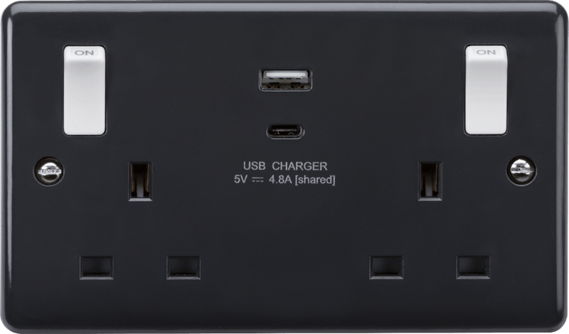 Knightsbridge MLA PM9002 13A 2G Switched socket with white outboard rockers and dual USB (A+C) 4.8A [Part M compliant] - Knightsbridge MLA - Falcon Electrical UK