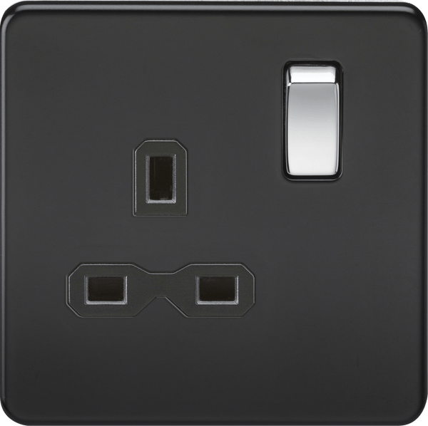 Knightsbridge MLA SFR7000MB Screwless 13A 1G DP switched socket - matt black with black insert and chrome rockers - Knightsbridge MLA - Falcon Electrical UK