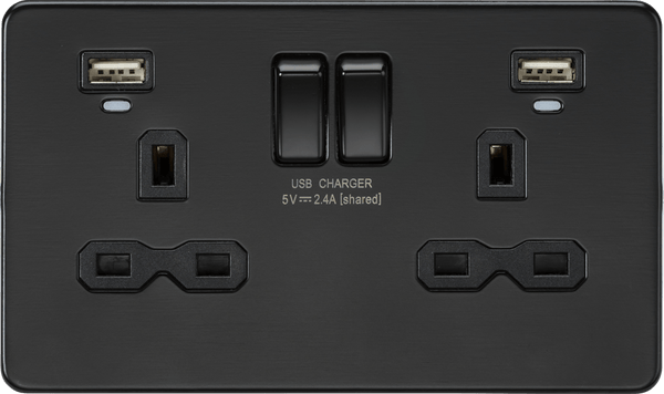 Knightsbridge MLA SFR9904NMBB 13A 2G Switched Socket, Dual USB (2.4A) with LED Charge Indicators - Matt Black - Knightsbridge MLA - Falcon Electrical UK