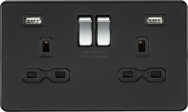 Knightsbridge MLA SFR9224MB 13A 2G switched socket with dual USB charger A + A (2.4A) - Matt black with chrome rockers Rockers - Knightsbridge MLA - Falcon Electrical UK