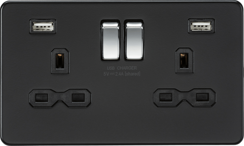 Knightsbridge MLA SFR9224MB 13A 2G switched socket with dual USB charger A + A (2.4A) - Matt black with chrome rockers Rockers - Knightsbridge MLA - Falcon Electrical UK