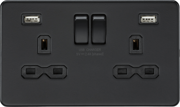 Knightsbridge MLA SFR9224MBB 13A 2G switched socket with dual USB charger A + A (2.4A) - Matt black - Knightsbridge MLA - Falcon Electrical UK