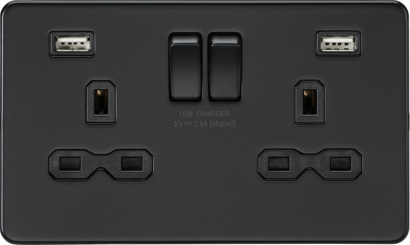 Knightsbridge MLA SFR9224MBB 13A 2G switched socket with dual USB charger A + A (2.4A) - Matt black - Knightsbridge MLA - Falcon Electrical UK
