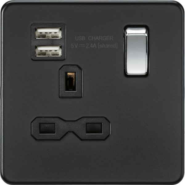 Knightsbridge MLA SFR9124MB Screwless 13A 1G switched socket with dual USB charger (2.4A) - matt black with chrome rocker - Knightsbridge MLA - Falcon Electrical UK