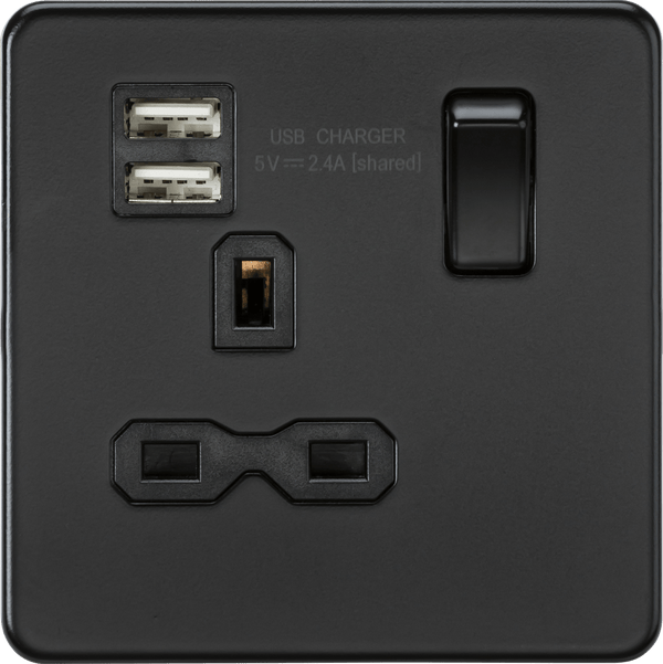Knightsbridge MLA SFR9124MBB Screwless 13A 1G switched socket with dual USB charger (2.4A) - matt black - Knightsbridge MLA - Falcon Electrical UK