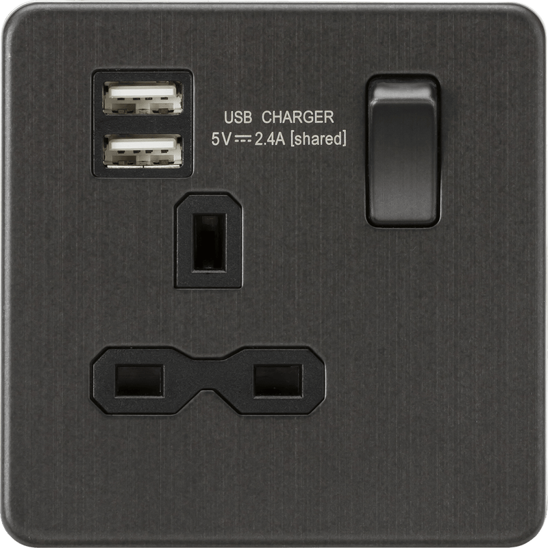 Knightsbridge MLA SFR9124SB Screwless 13A 1G switched socket with dual USB charger (2.4A) - Smoked Bronze - Knightsbridge MLA - Falcon Electrical UK