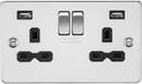Knightsbridge MLA FPR9224PC 13A 2G switched socket with dual USB charger A + A (2.4A) - Polished chrome with black insert - Knightsbridge MLA - Falcon Electrical UK