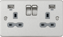 Knightsbridge MLA FPR9904NBCG Flat plate 13A 2G switched socket with USB chargers (2.4A) - Brushed Chrome with grey insert - Knightsbridge MLA - Falcon Electrical UK