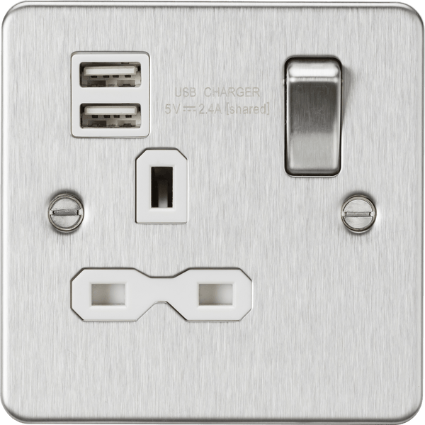 Knightsbridge MLA FPR9124BCW Flat plate 13A 1G switched socket with dual USB charger (2.4A) - brushed chrome with white insert - Knightsbridge MLA - Falcon Electrical UK
