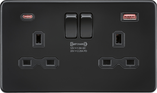 Knightsbridge MLA SFR9945MBB 13A 2G DP Switched Socket with Dual USB A+C [45W FASTCHARGE] - Matt Black - Knightsbridge MLA - Falcon Electrical UK
