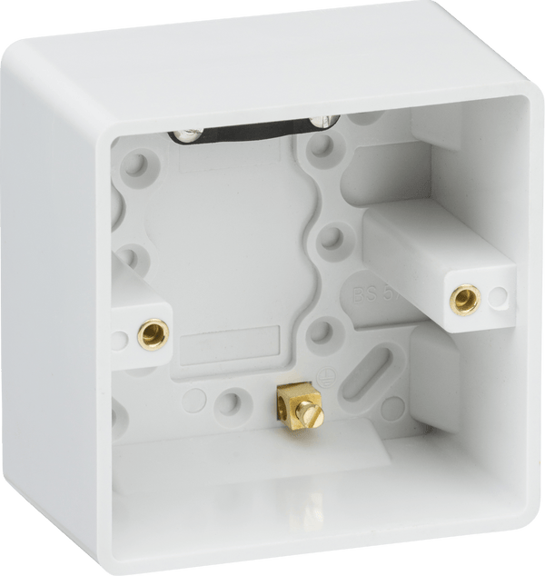 Knightsbridge MLA CU1610 Curved Edge Single 47mm Pattress Box with Earth Terminal and Cable Strain Relief - Knightsbridge MLA - Falcon Electrical UK