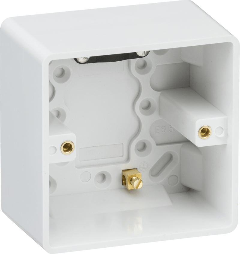 Knightsbridge MLA CU1610 Curved Edge Single 47mm Pattress Box with Earth Terminal and Cable Strain Relief - Knightsbridge MLA - Falcon Electrical UK