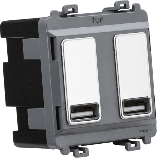 Knightsbridge MLA GDM016PC Dual USB charger module (2 x grid positions) 5V 2.4A (shared) - polished chrome - Knightsbridge MLA - Falcon Electrical UK