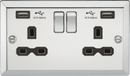 Knightsbridge MLA CV9224PC 13A 2G Switched Socket Dual USB Charger (2.4A) with Black Insert - Bevelled Edge Polished Chrome - Knightsbridge MLA - Falcon Electrical UK
