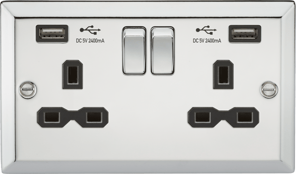 Knightsbridge MLA CV9224PC 13A 2G Switched Socket Dual USB Charger (2.4A) with Black Insert - Bevelled Edge Polished Chrome - Knightsbridge MLA - Falcon Electrical UK