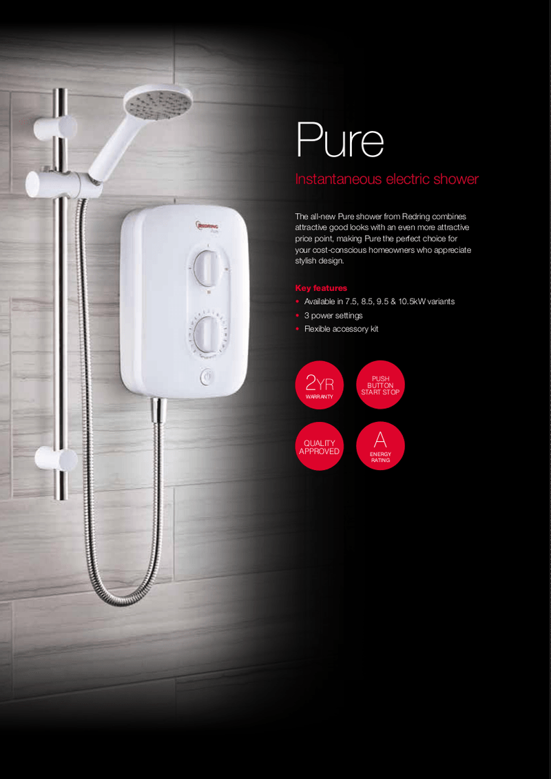 Redring Pure Electric Shower 7.5kW (RPS7) - Redring - Falcon Electrical UK