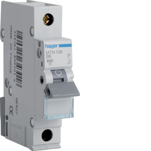 Hager MTN106 6A, 1-Pole, 6kA, B-Type MCB - Hager - Falcon Electrical UK