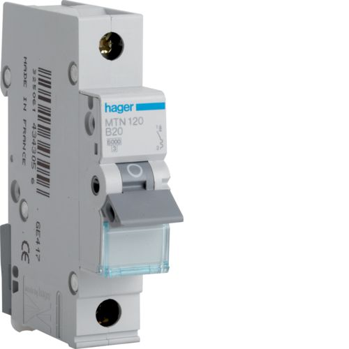 Hager MTN120 20A, 1-Pole, 6kA, B-Type MCB - Hager - Falcon Electrical UK