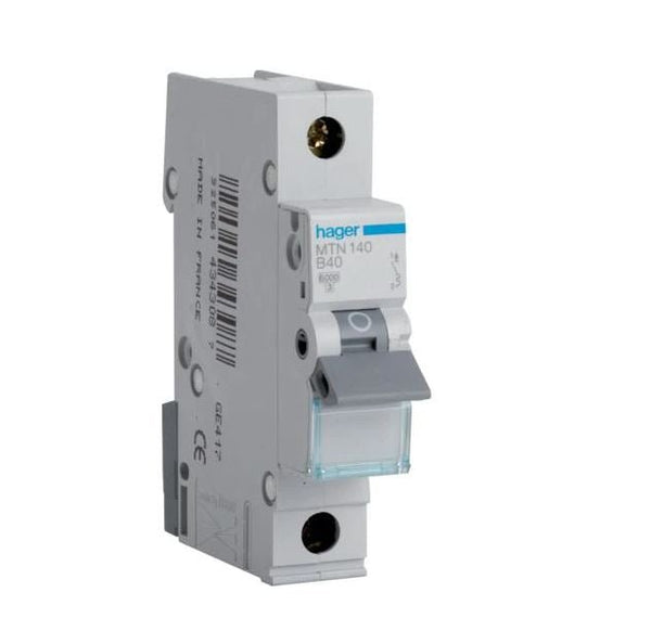 Hager MTN140 40A, 1-Pole, 6kA, B-Type MCB - Hager - Falcon Electrical UK