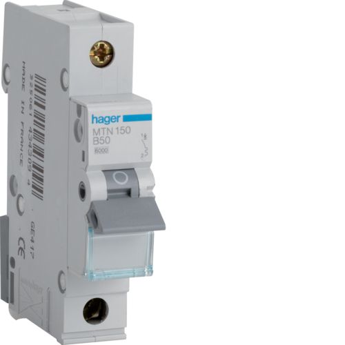 Hager MTN150 50A, 1-Pole, 6kA, B-Type MCB - Hager - Falcon Electrical UK