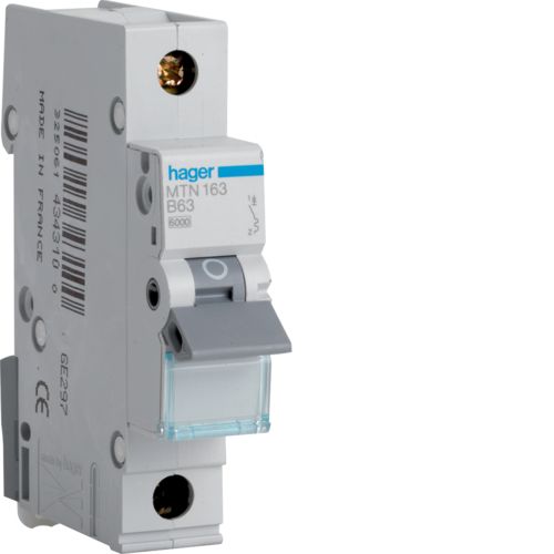 Hager MTN163 63A, 1-Pole, 6kA, B-Type MCB - Hager - Falcon Electrical UK