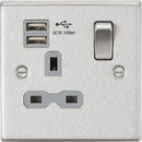Knightsbridge MLA CS91BCG 13A 1G Switched Socket Dual USB Charger (2.1A) with Grey Insert - Square Edge Brushed Chrome - Knightsbridge MLA - Falcon Electrical UK