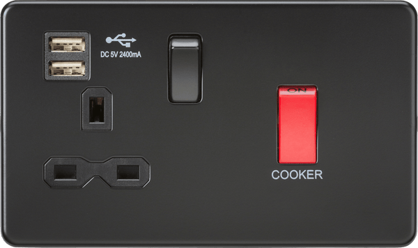 Knightsbridge MLA SFR8333UMBB 45A DP Switch & 13A Switched Socket with Dual USB Charger 2.4A - Matt Black - Knightsbridge MLA - Falcon Electrical UK