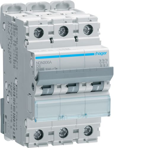 Hager NDN320A 20A, 3-Pole, 10kA-15kA, D-Curve Type AC MCB - Hager - Falcon Electrical UK