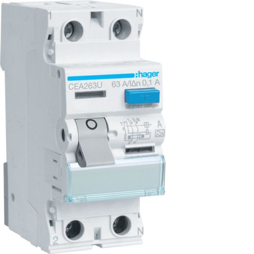 Hager CEA263U 63A, 2-Pole, 100mA A-Class RCCB - Hager - Falcon Electrical UK