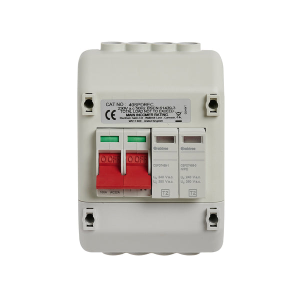 Crabtree 40SPDREC Enclosed, Insulated, 100A DP Supply Isolator with Type 2 SPD - Crabtree - Falcon Electrical UK