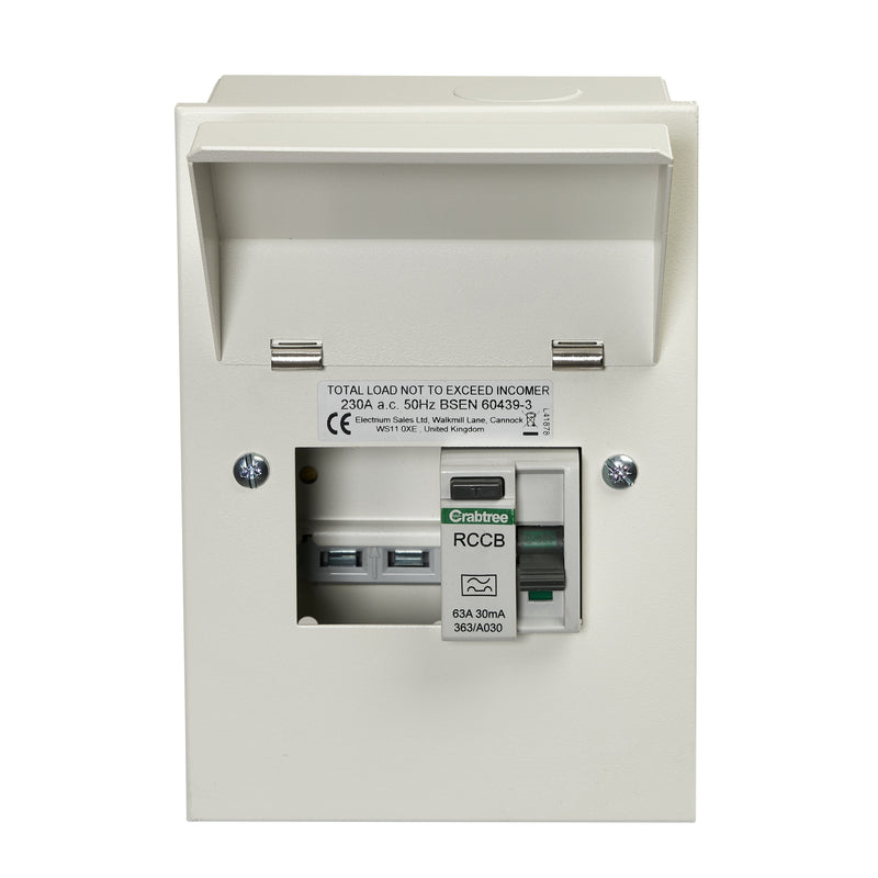 Crabtree 502-363B 2 Way Consumer Unit RCD Incomer 63A 30mA - Crabtree - Falcon Electrical UK