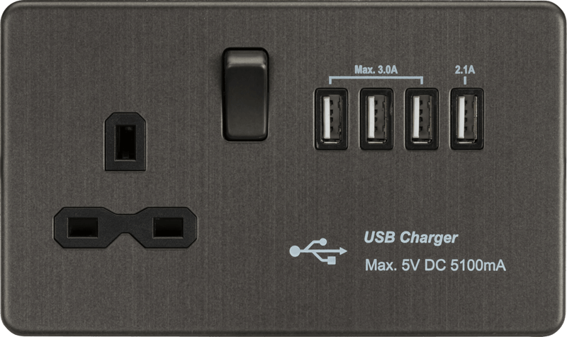 Knightsbridge MLA SFR7USB4SB Screwless 13A switched socket with Quad USB charger (5.1A) - Smoked Bronze - Knightsbridge MLA - Falcon Electrical UK