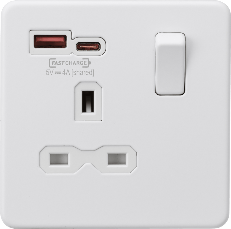Knightsbridge MLA SFR9919MW 13A 1G Switched Socket with dual USB [FASTCHARGE] A+C - Matt White - Knightsbridge MLA - Falcon Electrical UK