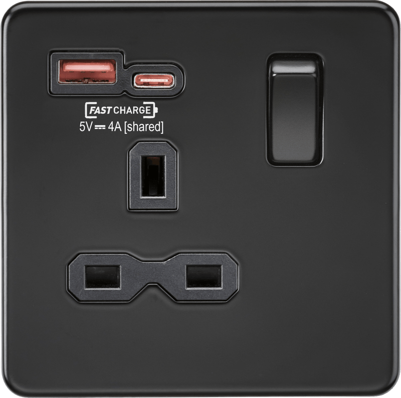 Knightsbridge MLA SFR9919MBB 13A 1G Switched Socket with dual USB [FASTCHARGE] A+C - Matt Black - Knightsbridge MLA - Falcon Electrical UK