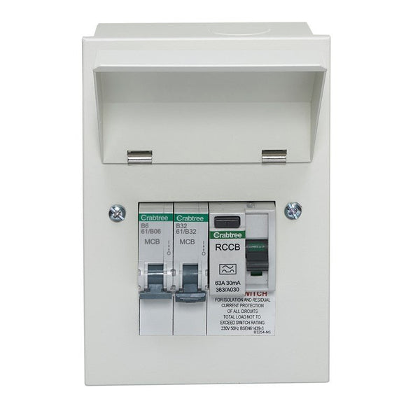 Crabtree 502-363GU 2 Way Consumer Unit RCD Incomer 63A 30mA with 1x B6 and 1x B16 MCB - Crabtree - Falcon Electrical UK