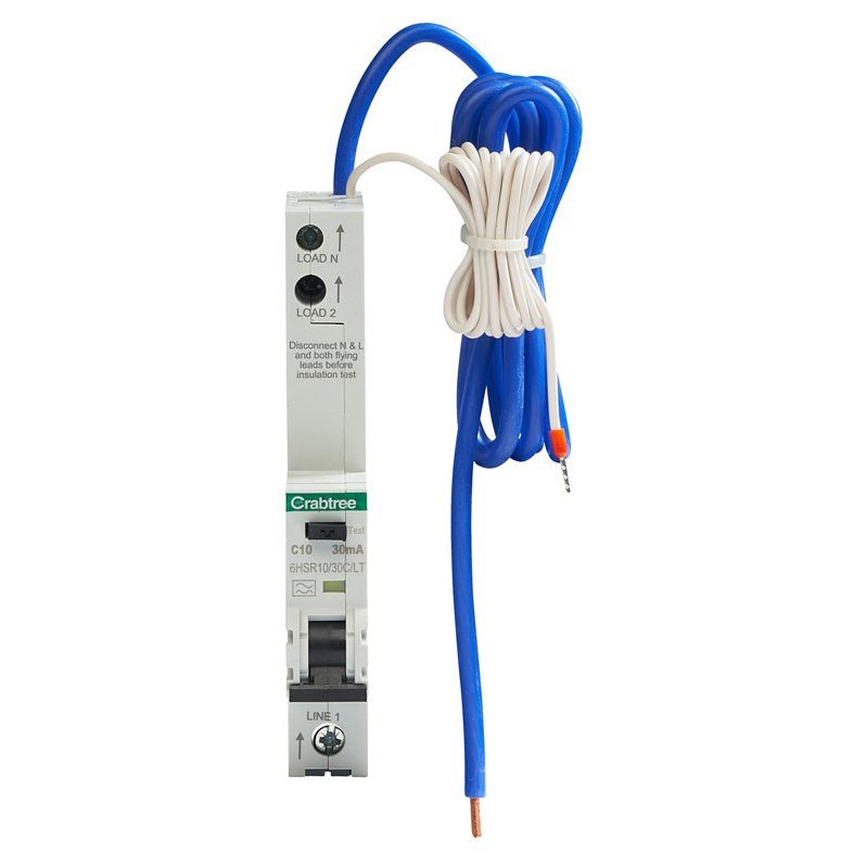 Crabtree 6HSR10-30C-LT C10 30mA 10kA 1P+N Type A RCBO (1 Module Width) Long Tail - Crabtree - Falcon Electrical UK