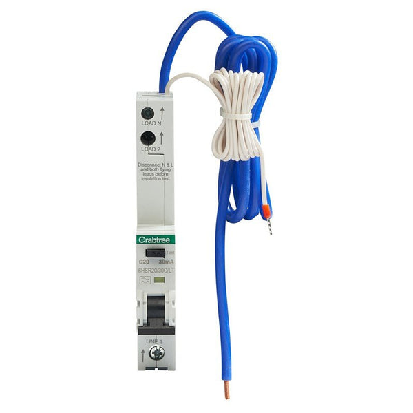Crabtree 6HSR20-30C-LT C20 30mA 10kA 1P+N Type A RCBO (1 Module Width) Long Tail - Crabtree - Falcon Electrical UK