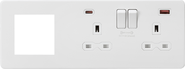 Knightsbridge MLA SFR992RMW Screwless 13A 2G DP Socket with USB Fastcharge + 2G Modular Combination Plate - Matt White - Knightsbridge MLA - Falcon Electrical UK