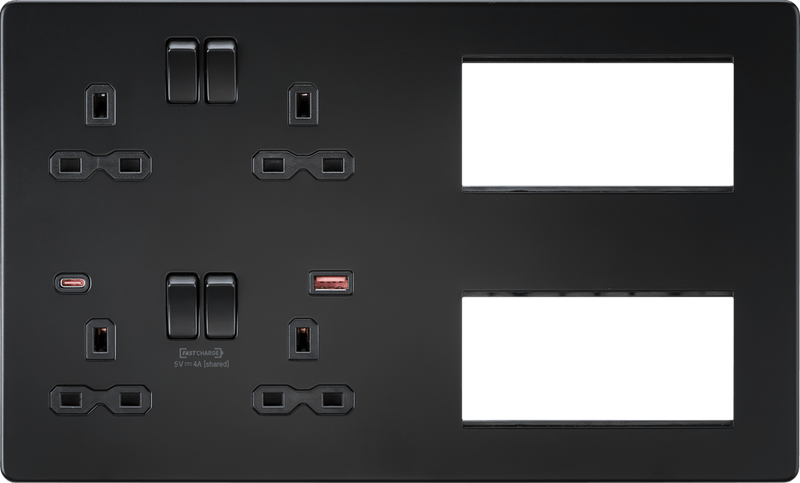 Knightsbridge MLA SFR998MBB Screwless Combination Plate with Dual USB FASTCHARGE A+C - Matt Black - Knightsbridge MLA - Falcon Electrical UK