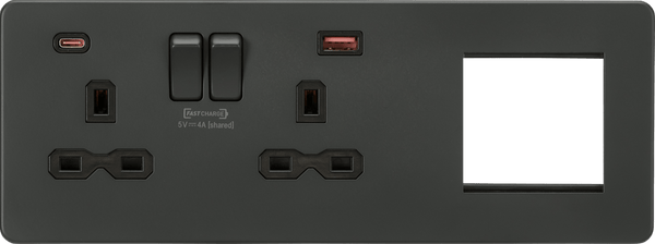 Knightsbridge MLA SFR992LAT Screwless 13A 2G DP Socket with USB Fastcharge + 2G Modular Combination Plate - Anthracite - Knightsbridge MLA - Falcon Electrical UK