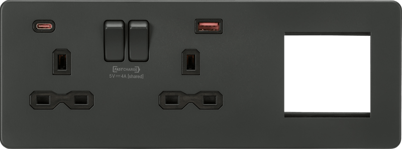 Knightsbridge MLA SFR992LAT Screwless 13A 2G DP Socket with USB Fastcharge + 2G Modular Combination Plate - Anthracite - Knightsbridge MLA - Falcon Electrical UK