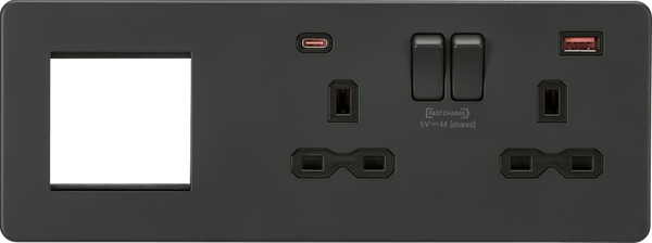 Knightsbridge MLA SFR992RAT Screwless 13A 2G DP Socket with USB Fastcharge + 2G Modular Combination Plate - Anthracite - Knightsbridge MLA - Falcon Electrical UK
