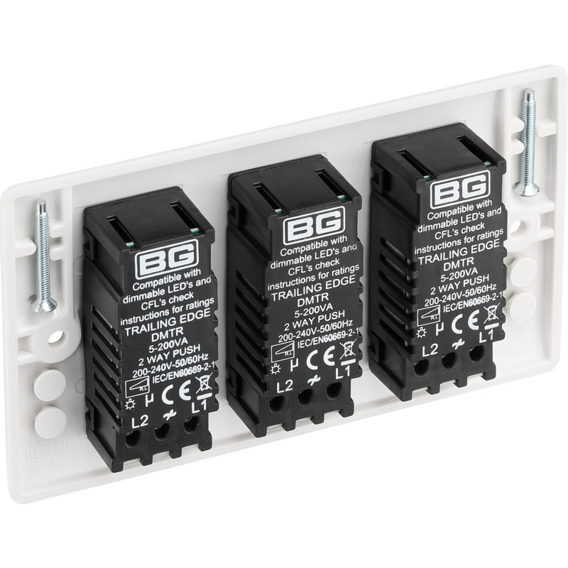 BG 883 Nexus White Moulded Intelligent 400W 3-Gang Dimmer Switch, 2-Way Push On-Off - BG - Falcon Electrical UK