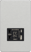 Knightsbridge MLA SF8909BC Shaver socket with dual USB A+C (5V DC 2.4A shared) - brushed chrome with black insert - Knightsbridge MLA - Falcon Electrical UK