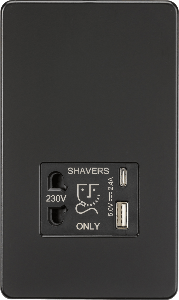 Knightsbridge MLA SF8909MB Shaver socket with dual USB A+C (5V DC 2.4A shared) - matt black - Knightsbridge MLA - Falcon Electrical UK