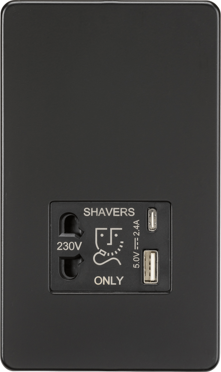 Knightsbridge MLA SF8909MB Shaver socket with dual USB A+C (5V DC 2.4A shared) - matt black - Knightsbridge MLA - Falcon Electrical UK